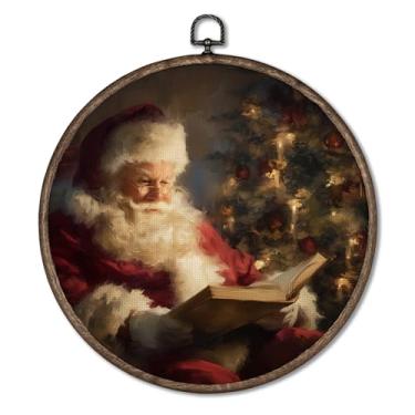Imagem de Giosve Pôster emoldurado vintage de Natal Papai Noel, tela redonda, casa de fazenda, retrô, aconchegante, inverno, cottagecore, Papai Noel, leitura, esculturas de parede para decoração de casa, quarto