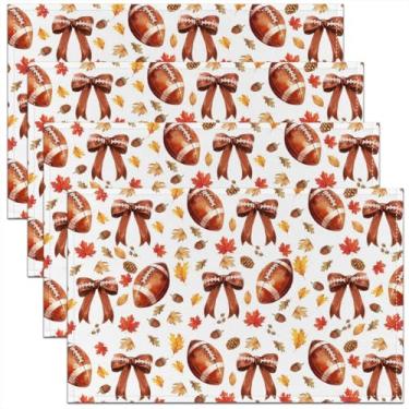 Imagem de Manfei Jogo americano de futebol americano com laço fofo, conjunto de 4 tapetes de mesa de pinha, folhas de bordo de outono, para crianças, meninos, meninas, tema de outono, decoração de mesa de
