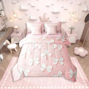 Imagem de Erosebridal Conjunto de cama Queen com laço rosa e branco, 7 peças, com estampa de laço, para crianças, meninas e adolescentes, linda cama com estampa de borboleta, pintura a óleo estética, conjunto
