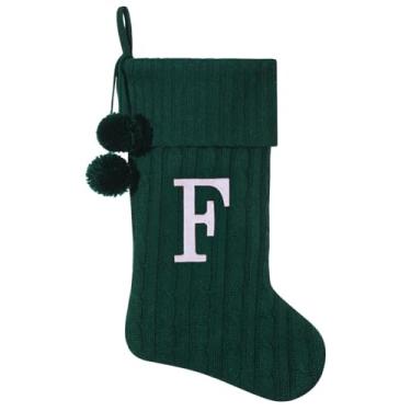 Imagem de Pxniy Meia de Natal personalizada de 48 cm - malha verde com monograma bordado e pompons, cabide de lareira familiar para decoração de férias, letra F verde