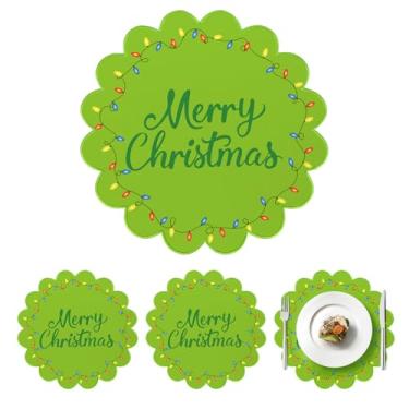 Imagem de Conjunto de 4 jogos americanos de Natal de 25,4 cm e linho de algodão recortado, bordados, Feliz Natal, laváveis, com bulbo verde, tapetes para decoração de mesa de jantar, Natal, inverno, férias