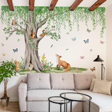 Imagem de ZARROUEA Decalques de parede de árvores grandes, salgueiros e animais adoráveis, adesivos de parede removíveis, adesivos de arte de parede, faça-você-mesmo, vinil, árvores verdes, decoração de casa