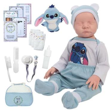 Imagem de Bebê Realista Menino Careca Stitch com Bolsa e Acessórios - Cegonha Re