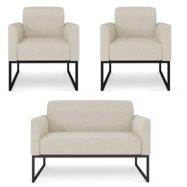 Imagem de Kit Namoradeira e 2 Poltronas Decorativas Base Industrial Preta Maressa A19 Linho Grosso Bege - Ibiza