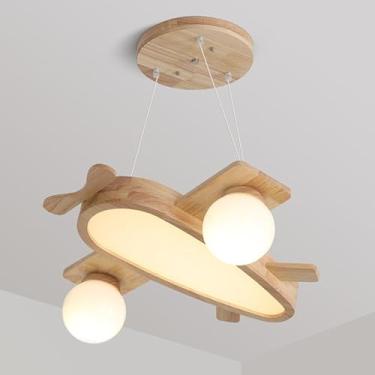 Imagem de Lustre de berçário de madeira, avião, avião, crianças, lustre para meninos, meninas, quarto, globo de leite branco, lâmpada de teto LED, luminária pendente rústica, moderna de meados do sécu