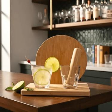 Imagem de Kit Bar Caipirinha 5 Peças Bambu Vidro 150ml Copo Tabua Socador Namorado