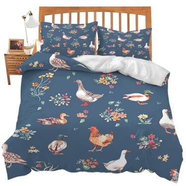 Imagem de Jogo de edredom com tema de ganso e pato, galinha, 3 peças, com 2 fronhas, tamanho casal, animais de fazenda, lençol de cama para crianças amadas