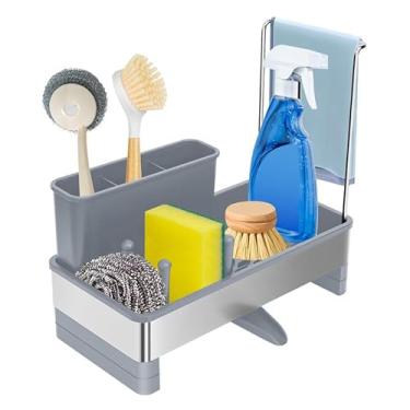 Imagem de Organizador de pia de cozinha, suporte de esponja para pia de cozinha com suporte de escova de louça, bandeja de drenagem automática, rack de drenagem de esponja, bancada organizadora de pia de aço