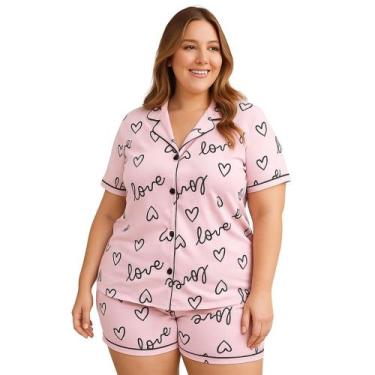 Imagem de Pijama Americano Estampado Plus Size Blusa com Botões que Abrem e Shor