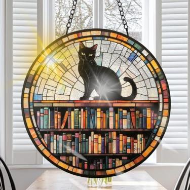 Imagem de VAIIEYO Enfeite para pendurar em vitrais de livro, apanhador de sol feito à mão, gato preto, decoração de animais com ganchos para janela, jardim, casa, presente de inauguração de casa de Natal e