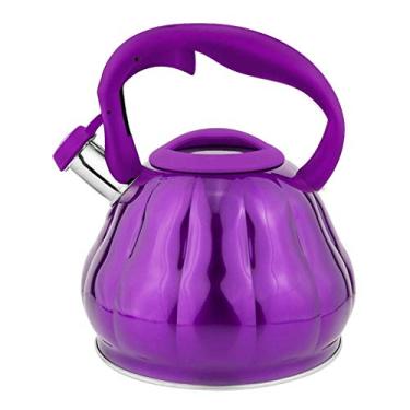 Imagem de Chaleira de aço inoxidável, grande capacidade, assobio, fervura, gás, elétrica, chaleira colorida de fogão de indução, 3L, bonita, para casa, escritório, exterior (roxo)