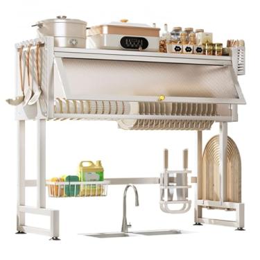 Imagem de AKALNNB Escorredor de louça de 2 níveis, escorredor de pratos branco de aço carbono com armário de armazenamento, escorredor de pratos grande com suporte para tábua de corte, tábua de drenagem para