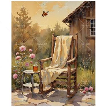 Imagem de Kit de pintura de varanda por números para adultos - Cadeira de balanço rústica faça você mesmo ao pôr do sol pintura em tela 40,6 x 50 cm, conjunto de tinta acrílica, adequado para iniciantes, arte