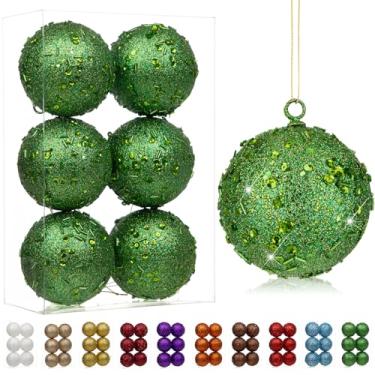 Imagem de Enfeites de bolas de Natal grandes de 8 cm, 6 peças, enfeites de Natal verdes escuros grandes à prova de estilhaçamento, para árvore de Natal, grande glitter, enfeite de árvore de Natal para árvores