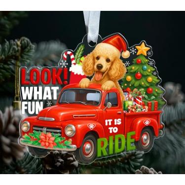 Imagem de ABNSDesigns Enfeite de Natal de cachorro Poodle acrílico - Veja que diversão é andar - Decoração de árvore de Natal de caminhão vermelho - Lembrança festiva para pendurar