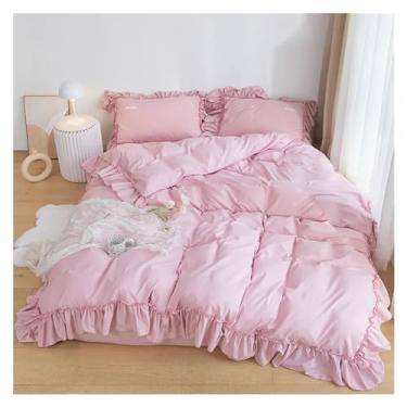 Imagem de Jogo de cama de casal fofo de renda com babados e fronha (king rosa)