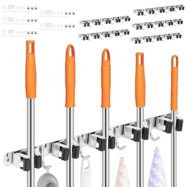 Imagem de Suporte de parede para esfregão e vassoura, 5 peças, organizador de ferramentas de armazenamento de esfregão e vassoura, aço inoxidável, resistente, organizador de ferramentas de cozinha, 5