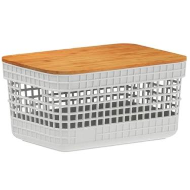 Imagem de Cesto Organizador com Tampa de Bambu, 2,5L, Caixa Multiúso P/Banheiro Escritório Armário, Design Elegante C/Ventilação, Decoração (Bege)