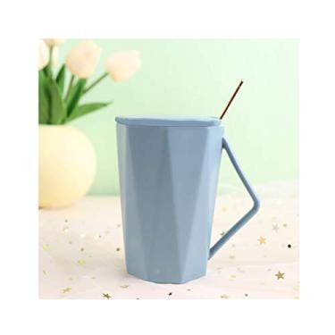 Imagem de Cuiynice Caneca (empréstimo) Canecas estilo padrões geométricos, caneca de café de cerâmica colorida com colher e tampa, simples, presente de aniversário criativo, canecas de chá/água (D) (E Q)