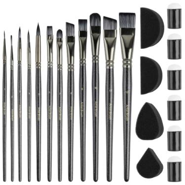 Imagem de Worldity 12 pincéis de pintura facial, conjunto de pincéis de nylon preto com 30 esponjas, conjunto de pincéis de pintura facial e esponja para Halloween, arte corporal, pintura acrílica em aquarela a