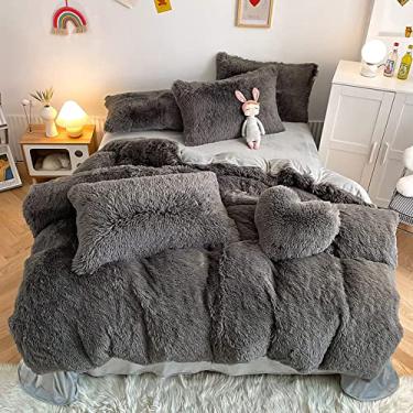 Imagem de Conjunto de capa de edredom felpudo de pele sintética, conjunto de cama ultra macio, conjunto de capa de edredom com 4 peças de capa de edredom espessa e mantém quente - verde claro Queen 200 x 230 cm