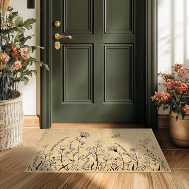 Imagem de Capacho de entrada de boas-vindas com flores silvestres para ambientes externos, ambientes internos, pretos, florais, pequenas, tapete antiderrapante para entrada, corredor, frente traseira, porta