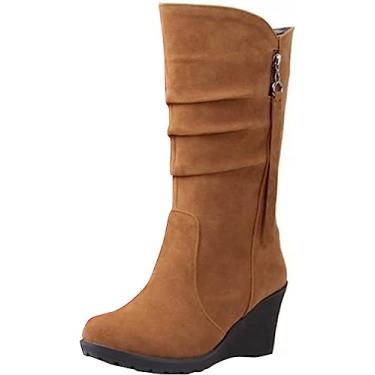 Imagem de Botas femininas de inverno quentes de camurça com zíper anabela botas de neve para uso ao ar livre, Marrom, 8.5