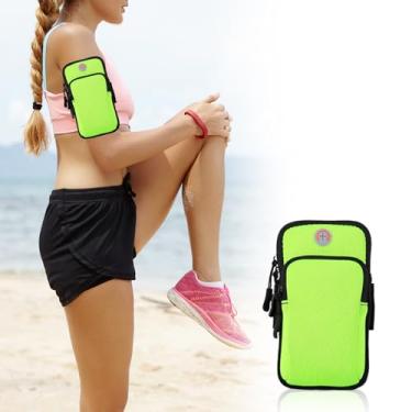 Imagem de Braçadeira esportiva, academia de corrida, bolsa de braço universal para smartphone com orifício para fone de ouvido, bolsos multifuncionais, compatível com iPhone e mais, verde