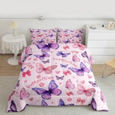 Imagem de Feelyou Conjunto de cama de borboleta macio para meninos e meninas, conjunto de edredom com laço rosa, solteiro, estampa de borboletas, edredom de microfibra floral, 2 peças com 1 fronha