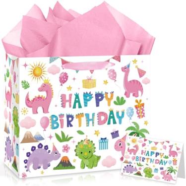 Imagem de Bolsa de presente de aniversário de dinossauro rosa para meninas grande dinossauro feliz aniversário saco de embrulho com papel de seda e cartão de felicitações para crianças chá de bebê, novos pais