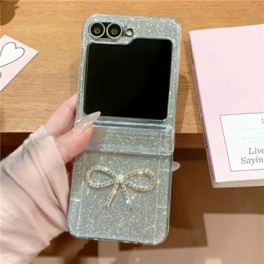 Imagem de Capa para Galaxy Z Flip5, transparente, com glitter, laço fofo, espelhada, com dobradiça, compartimento para cartão e corrente (apenas para Galaxy Z Flip5, com laço)