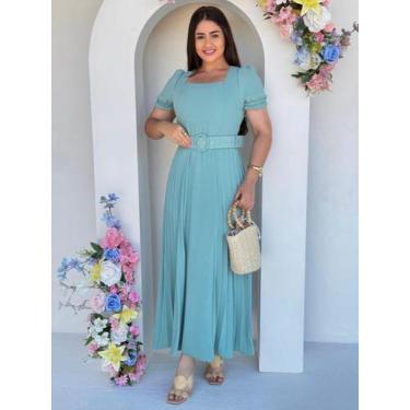 Imagem de Vestido Longo Festa Soltinho Fluido Elegante Decote Quadrado Evangélic