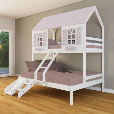 Imagem de Beliche Casal/ Solteiro Casinha Bela Com Kit Escada/escorregador - Madeira Maciça Branco/rosa Housin