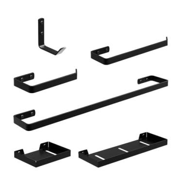 Imagem de Conjunto 6 Peças de Banheiro Preto – Prateleiras Organizadoras Inox sem Furo, Suporte de Toalha e Papel Higiênico, Porta Sabonete e Ganchos Multiuso de Parede em Metal Antiferrugem