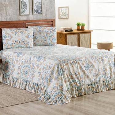Imagem de Kit cobre leito colcha Percal 400 fios com babado e Fronhas estampadas (Queen, Estampa 5)