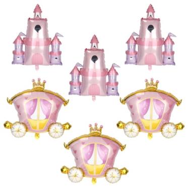 Imagem de 6pcs Balões Aniversário Princesa, Balões Filme Alumínio Castelo & Carruagem Rosa Princesa para Meninas Aniversário Chá de Bebê Casamento Festa de Despedida Decorações