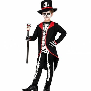 Imagem de Fantasia Halloween Caveira Mexicana Infantil Menino Roupa Lorde Esqueleto com Cartola de Luxo (Preto, M 5-6)