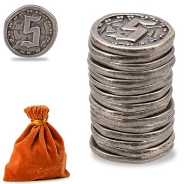 Imagem de Prefdo Metal Coins for Board Games, 15 PCS Treasure Tokens for Poker, RPG, Strategy Tabletop Gaming, Fantasy Currency, Heavy Duty Generic Game Currency (Retro Silver - Value 5 Coins)
