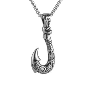 Imagem de Colar com pingente de anzol havaiano masculino e feminino com padrões requintadamente esculpidos no pingente, aço inoxidável 316L, corrente de pérola quadrada de aço inoxidável prata, presente de joia