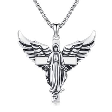 Imagem de TwoAnts Colar com cruz de Virgem Maria para mulheres, prata esterlina 925, pingente de medalha milagrosa, joia católica religiosa, presente para homens com corrente de aço inoxidável de 56 cm + 5 cm