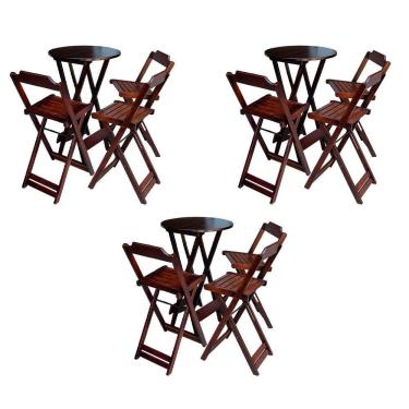 Imagem de Kit 3 Conjuntos De Mesa Bistrô Dobraveis Em Madeira Padrão Com 3 Banquetas Altas - Imbuia - Marrom