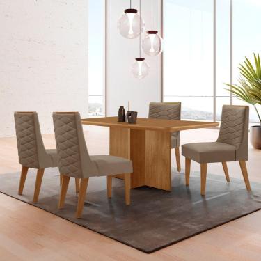 Imagem de Mesa Olimpia 120 Mdf Canto Copo E Com 4 Cadeiras Safira Veludo Capuccino/naturalle/naturalle