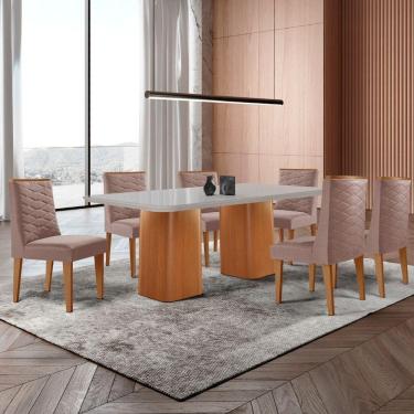 Imagem de Mesa De Jantar Eloise 180cm Tampo Mdf 6 Cadeiras Moderna Linho Capuccino/nat/off/serig. Off