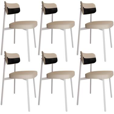 Imagem de Kit 06 Cadeiras Estofada Para Sala De Jantar Astrid Branco C01 Linho Areia Courino Preto - Lyam Decor