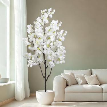 Imagem de Flor de cerejeira branca sintética 1,82 m (183 cm) planta verde para decoração de interiores, árvore natural em vaso com textura de flores, tronco de madeira realista para casa, sala de estar