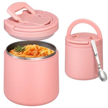 Imagem de Garrafa térmica infantil para comida quente de 590 ml com tampa de fivela, pote de comida quente, isolamento a vácuo, aço inoxidável, à prova de vazamento, com colher (rosa)