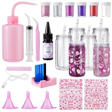 Imagem de 6 Pack Valentine's Day DIY Snow Globe Tumbler Supplies Kits 16oz Pre Drilled Double Wall Can Glitter Squeeze Bottle UV Resin Flashlight Pink Red Powder Stickers Valentine Making Tools for Starters