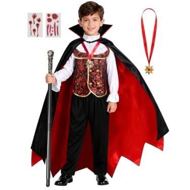 Imagem de Conjunto infantil de fantasia de vampiro, fantasias assustadoras de Halloween para crianças com capa e cetro, fantasia de vampiro gótico para festa de cosplay