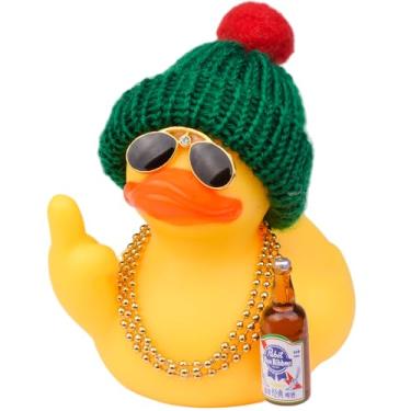 Imagem de MuMyer Patos de borracha para painel de carro, decorações de véspera de Natal, enfeite de carro de pato de borracha com chapéu de malha acessório legal, óculos de sol, colar, 9 cm