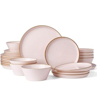 Imagem de Famiware Conjunto de louça Saturn de grés para 8 (24 peças), pratos e tigelas de cerâmica com acabamento pintado à mão - resistente a lascas e arranhões, pode ir ao micro-ondas e à lava-louças, rosa